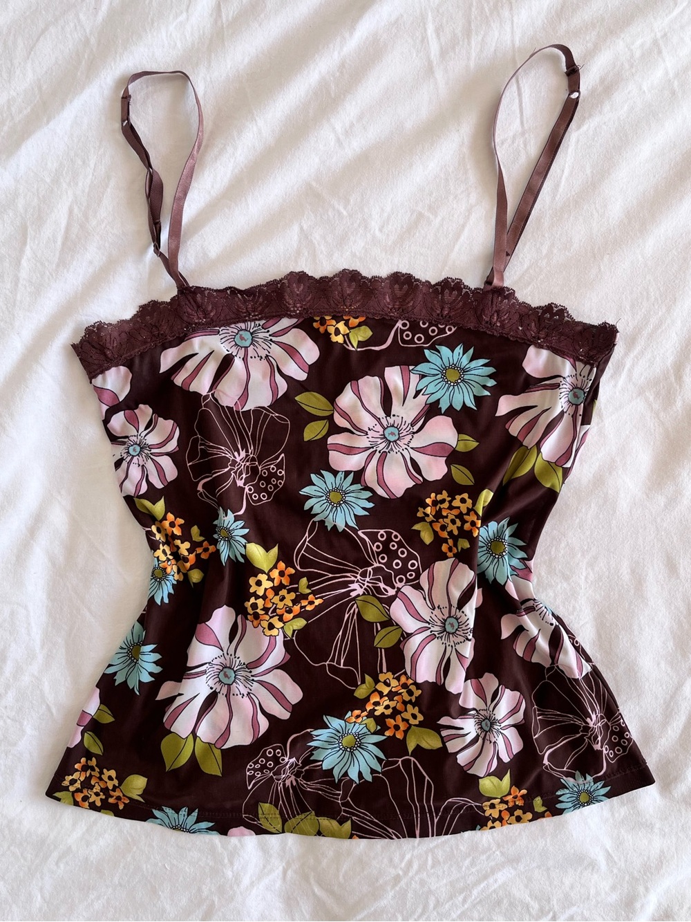 Y2K Floral brown camisole with lace trim
